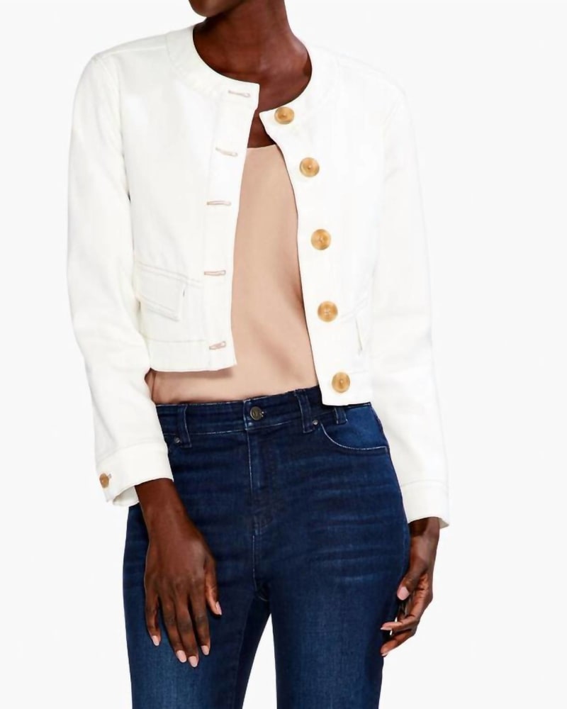 Front of a model wearing a size L Denim Jacket in Natural in Natural by Nic + Zoe. | dia_product_style_image_id:326601